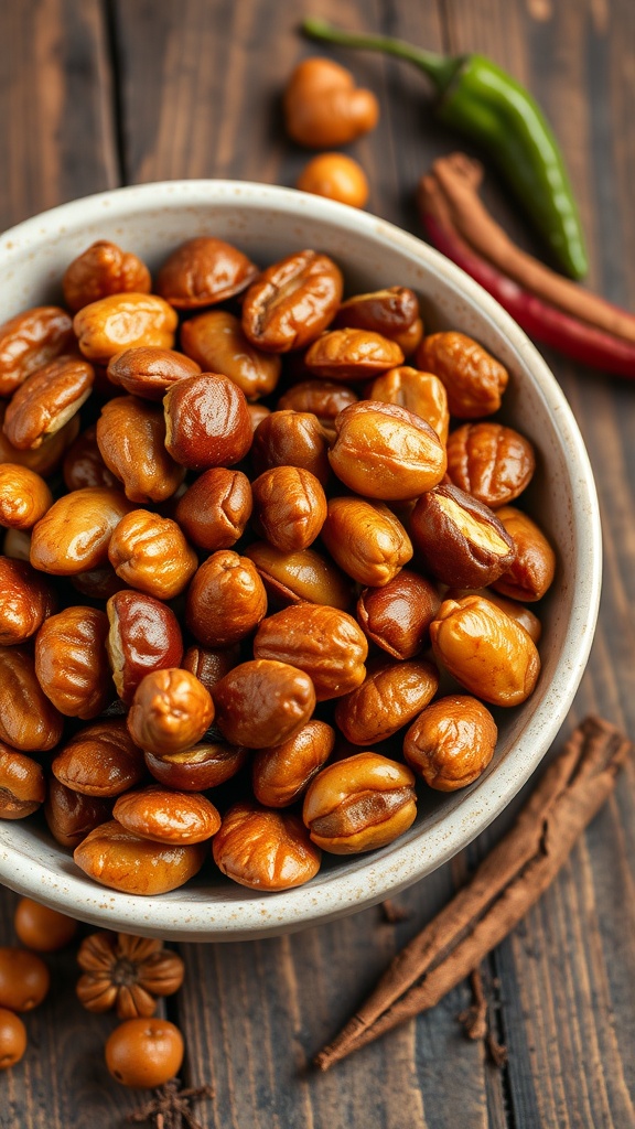 A vibrant mix of sweet and spicy nuts in a bowl on a rustic table, garnished with whole spices.